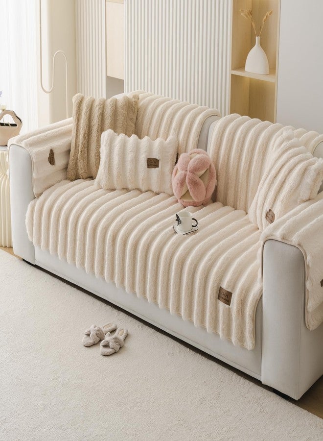 غطاء أريكة Huierxun Fuzzy Rabbit Plush، غطاء أريكة سميك وناعم من الفرو، غطاء وسادة فروي رقيق، أغطية أريكة مانعة للانزلاق، واقي أثاث مخطط عمودي للكلاب والقطط (كريمي، 28 بوصة × 28 بوصة). - Image 3